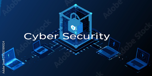 Cyber security concept with glowing shield and connected digital devices