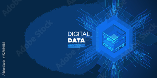 Abstract digital data visualization with a glowing hexagonal core