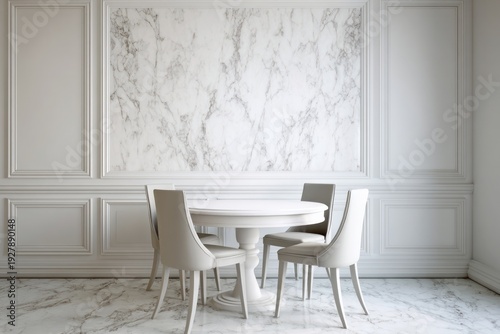 Elegant dining room features a white table and chairs against a marble wall.