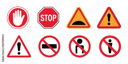 Collection of Traffic and Warning Road Signs. Stop, Caution, No Entry, and Pedestrian Symbols.
