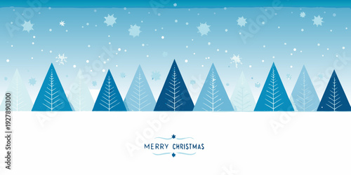 Winter scene with stylized evergreen trees and falling snowflakes