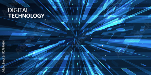 Abstract digital technology background with radiating blue light streaks