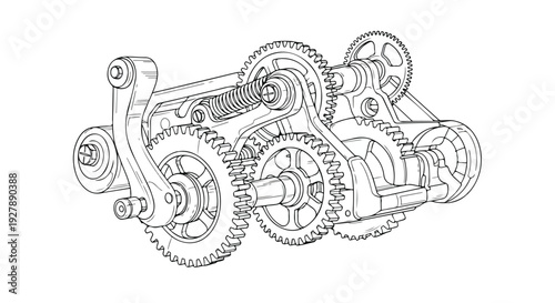 Technical Line Art Drawing of a Complex Mechanical Gearbox and Transmission Assembly