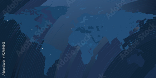 Abstract world map illustration in shades of deep blue and navy