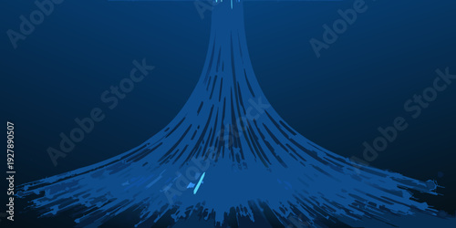 Abstract underwater scene with a cascading blue light and small fish