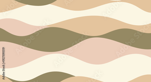 Seamless abstract wavy pattern with undulating organic shapes in beige, light pink, and olive green tones, creating a flowing and harmonious design.