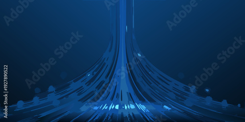 Abstract blue light trails converge towards a glowing point below