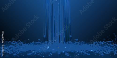 Abstract blue background with cascading lines and sparkling light effects