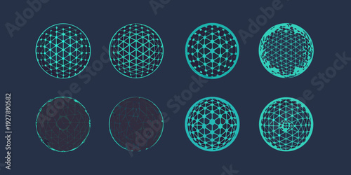 Abstract geometric patterns depicting evolving cellular structures in teal hues