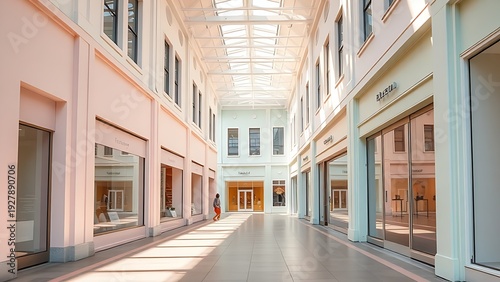 arcade. Pastel colored storefronts in minimalist shopping arcade with soft hues. real-estate listings, architecture portfolios, designed for architectural facade and classical detail presentations.