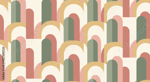 A seamless abstract pattern featuring overlapping rounded arch shapes in muted pink, green, and gold tones on a cream background, creating a retro-modern aesthetic.