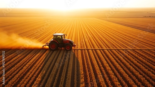 aeon. A large tractor creating deep furrows in a field during the golden hour. safety posters, maintenance manuals, designed for industrial assembly lines and welding operations.