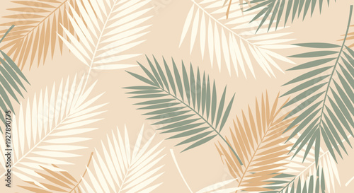 A serene and stylish seamless pattern featuring scattered palm leaves in soft teal, tan, and cream colors on a light beige background, evoking a tropical and calming aesthetic.