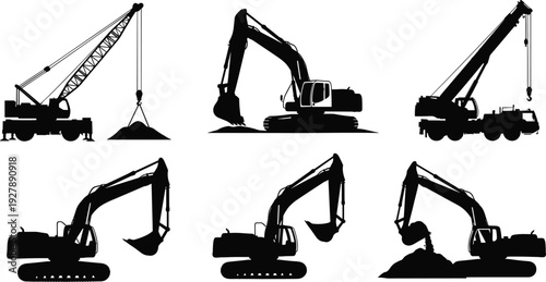 Black construction machinery silhouette set with excavators mobile cranes and diggers working on site isolated on white background vector illustration