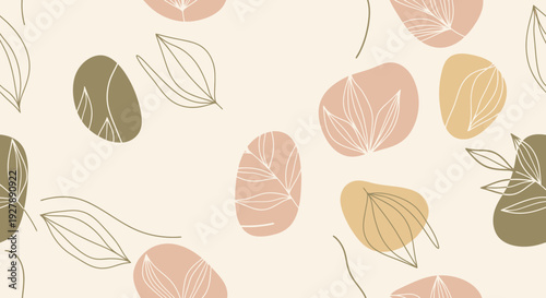 Seamless pattern with abstract organic shapes and delicate line art leaves on a light background, featuring a modern and natural aesthetic.
