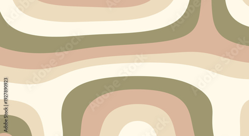 Abstract retro groovy pattern with wavy organic shapes in muted earthy tones like beige, pink, and olive green, creating a vintage aesthetic.