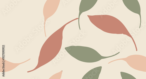 Abstract pattern of scattered elongated leaves in muted green, pink, and beige tones on a light background, creating a calm and natural design.