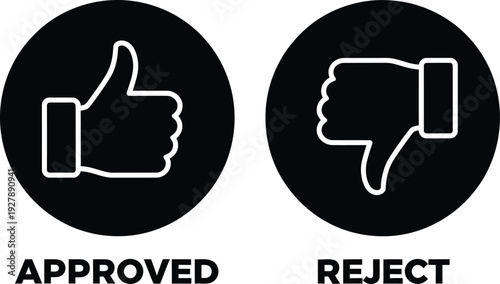 Black and white approved and reject icons on gray background for feedback and evaluation purposes