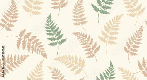 Seamless pattern with delicate fern leaves in muted green and beige tones scattered across a light cream background, creating a natural and decorative design.