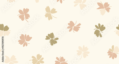 A delicate and soft seamless pattern featuring scattered, stylized four-leaf clover shapes in muted pastel tones of pink, brown, and olive green on a light beige background.
