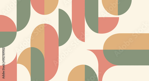 Abstract geometric pattern with overlapping semicircles and rounded rectangles in muted earthy tones, creating a retro mid-century modern design.
