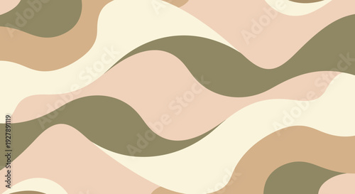 Abstract wavy pattern with flowing organic shapes in earthy beige, light pink, and olive green tones, creating a harmonious and retro-inspired background design.