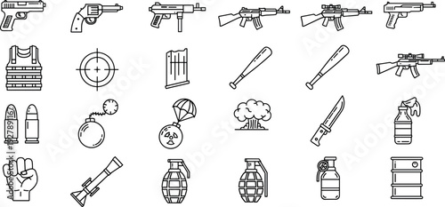 Weapon and Military Equipment Line Icon Set Featuring Guns, Grenades, Ammunition, Explosives, and Tactical Combat Symbols for Security and Defense Designs
