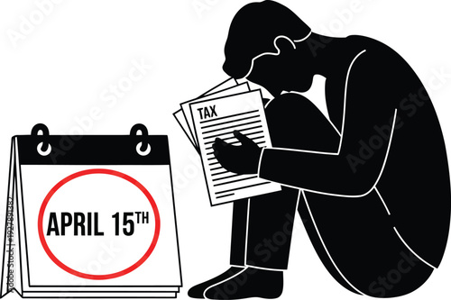 Person stressed on tax deadline day april 15th with calendar and paperwork