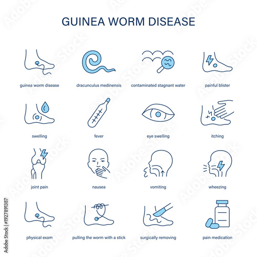 Guinea Worm Disease symptoms, diagnostic and treatment vector icon set