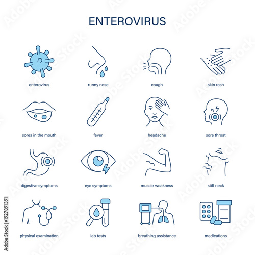 Enterovirus symptoms, diagnostic and treatment vector icon set