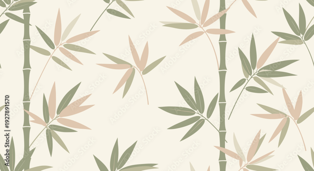 Obraz premium A seamless pattern featuring elegant green bamboo stalks and delicate leaves in varying shades of green and beige on a light cream background.