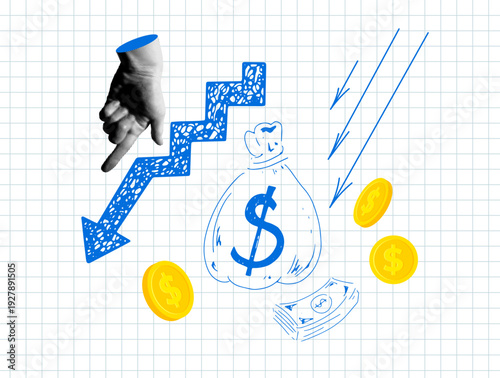Dollar exchange rate is falling. Halftone hand pointing downwards. Money bag, down arrow, paper money in sketch style. Modern collage