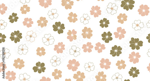 A charming and delicate seamless pattern featuring small, stylized flowers in soft pastel shades of pink, beige, and olive green scattered across a clean white background.