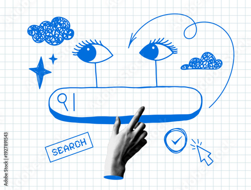 Modern collage with halftone hand, eyes and search box. Looking for information in the search bar. Concept of searching, looking, finding opportunities and knowledge in internet. SEO concept