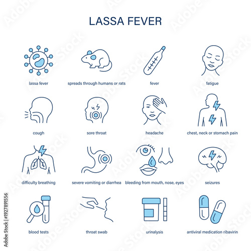 Lassa Fever symptoms, diagnostic and treatment vector icon set
