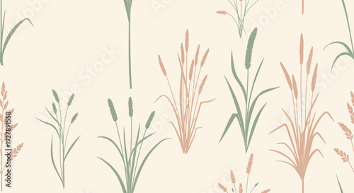 Seamless pattern featuring various types of reeds, cattails, and tall grasses in muted green and beige tones on a light background.