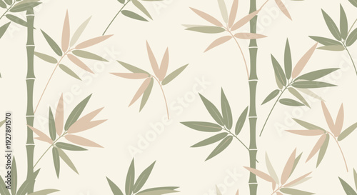 A seamless pattern featuring elegant green bamboo stalks and delicate leaves in varying shades of green and beige on a light cream background.