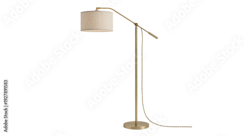 Modern brass arc floor lamp with linen shade perfect for minimalist interior design and on transparent background