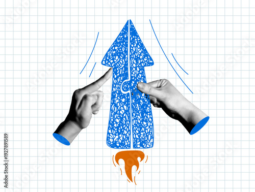 Halftone hands hold puzzle shaped arrow up. Launching a startup. Teamwork, collaboration concept. People connecting jigsaw puzzle elements. Modern collage