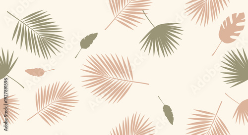 Seamless pattern of tropical palm and monstera leaves in soft pastel colors on a light beige background, creating a gentle botanical design.