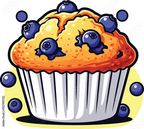 Cartoon blueberry muffin with white wrapper and yellow background dessert pastry
