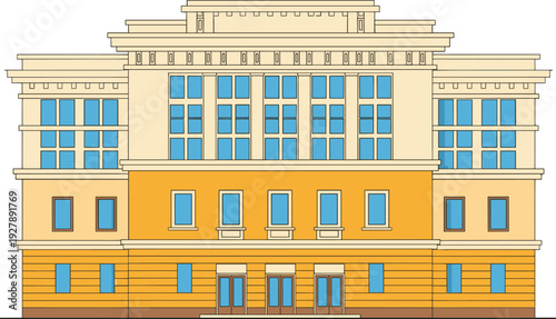 Flat vector illustration of a modern neoclassical public building facade with symmetrical windows yellow walls and blue glass for architectural design projects