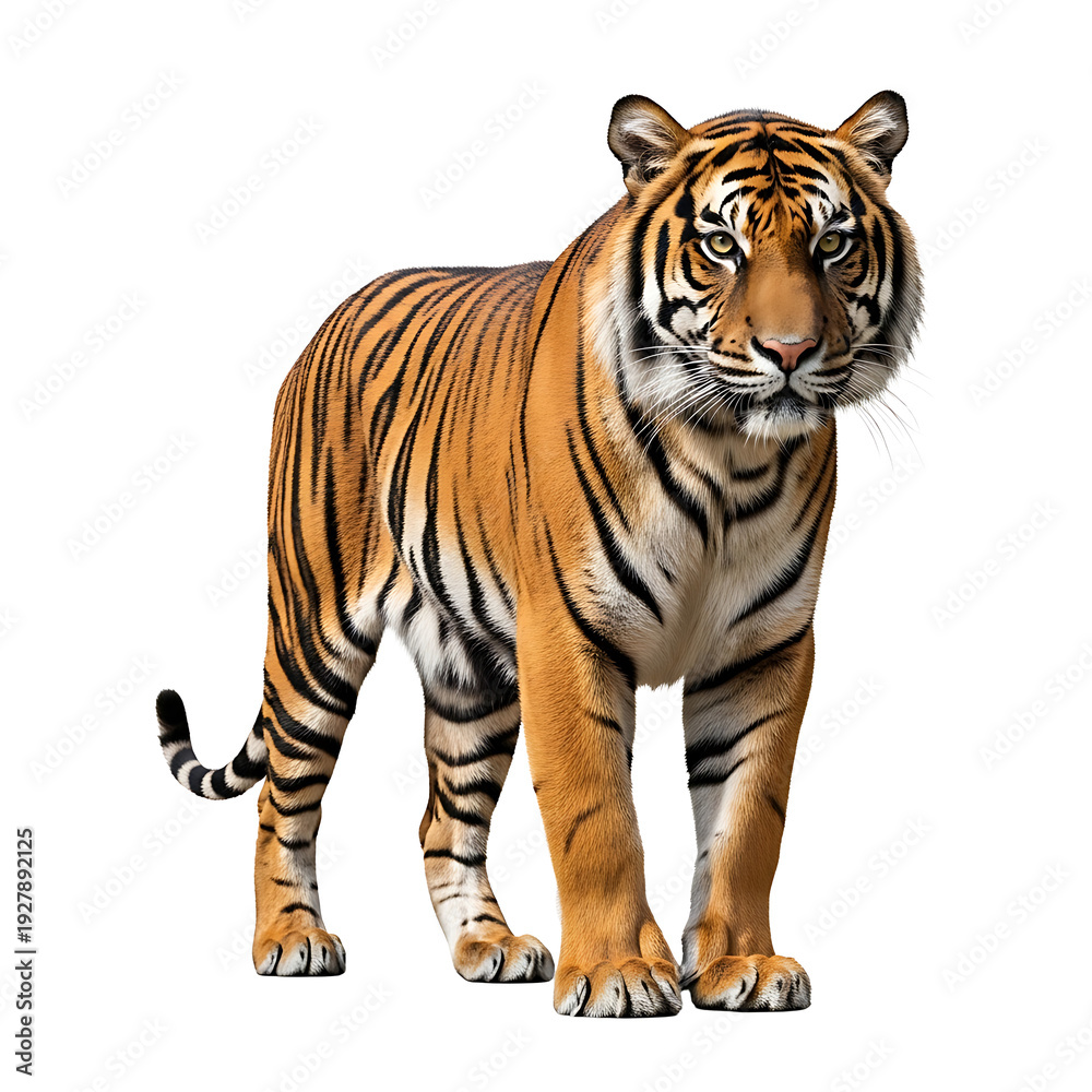 Fototapeta premium A tiger standing on a transparent background with a fierce expression