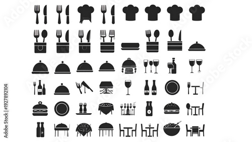 Restaurant and dining icon collection featuring cutlery, chef hats, serving trays, plates, wine, tables, and simple food service symbols