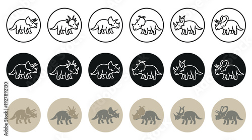 Set of various horned dinosaur icons showing different ceratopsian species in multiple design styles, including simple line art and two-tone flat color silhouette illustrations