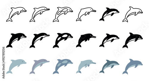 Collection of dolphin vector icons presented in three different styles, including simple line art, solid black silhouette, and a flat two-tone color design