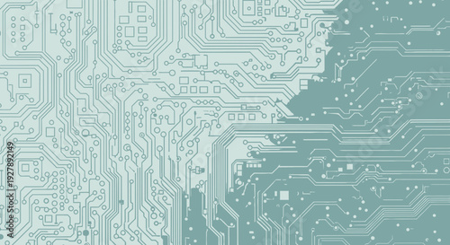 Electronic circuit board with intricate pathways and components.