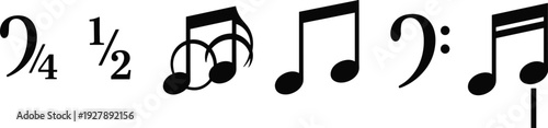 Music notation symbols and rhythm note icons collection isolated on white background showing quarter half notes clef and time values, black vector illustration set