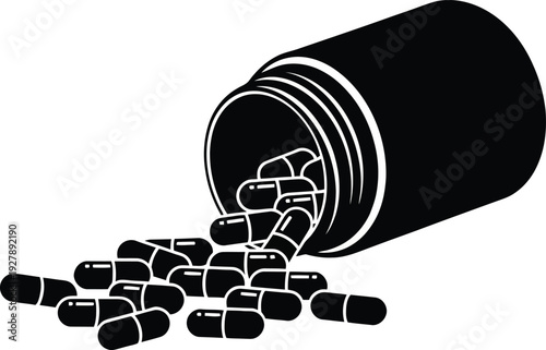 Black and white illustration of an open pill bottle with capsules spilling out on a plain background