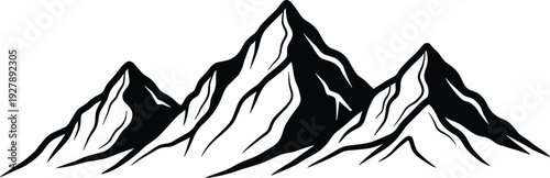 Mountain silhouette illustration showing dramatic alpine peaks in black and white, isolated on white background, representing nature, adventure, strength, wilderness, hiking, and outdoor exploration